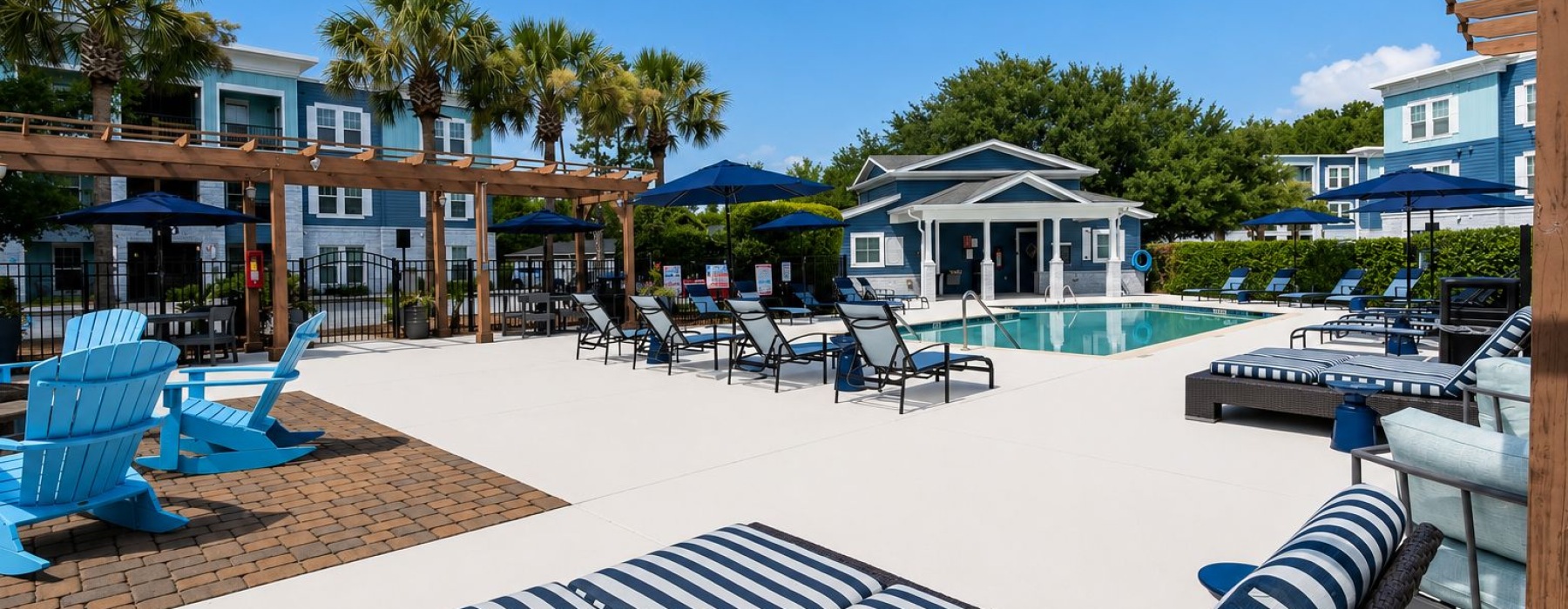 view of a pool with lounge chairs and apartment complexes at Parker Point pet friendly apartments in Charleston, SC.